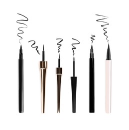 Image of Collage with different eyeliners and strokes on white background, top view