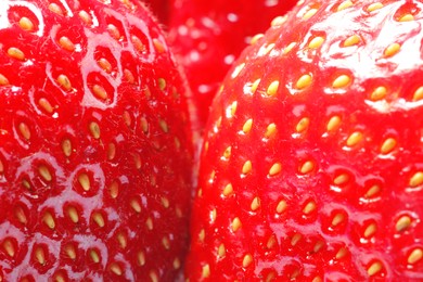 Photo of Tasty fresh ripe strawberries as background, macro view. Fresh berries