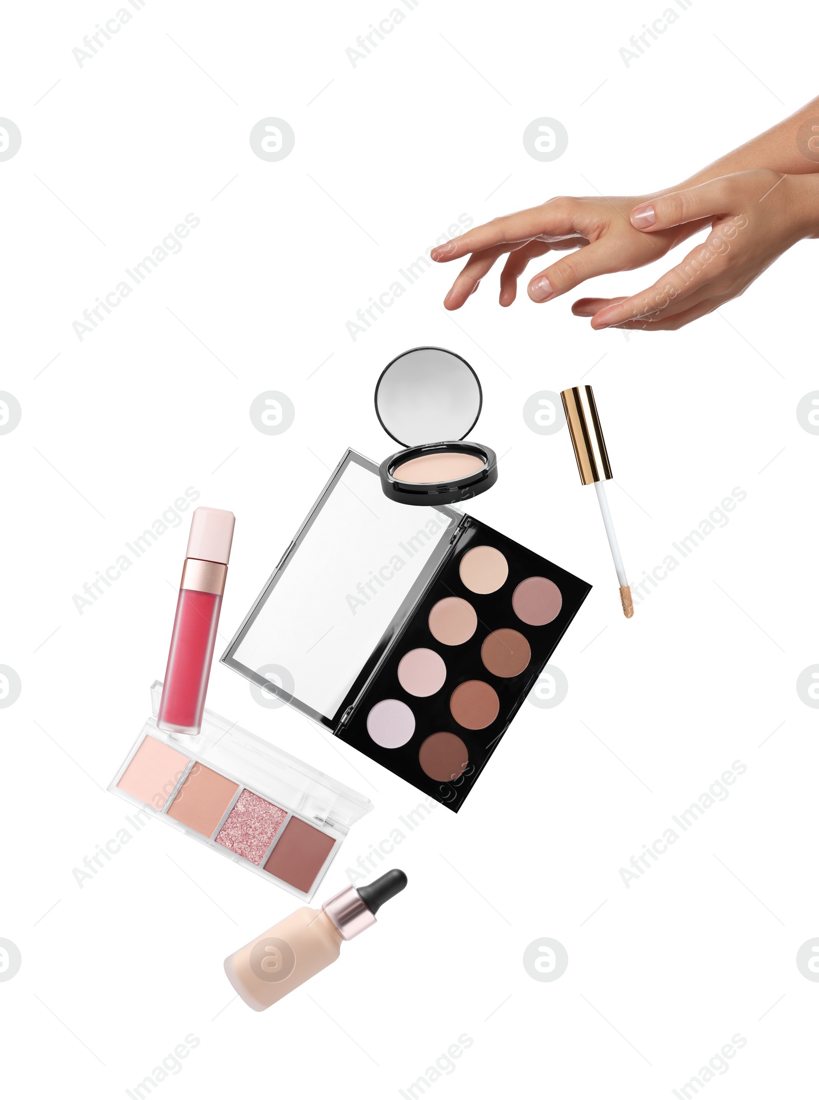 Image of Woman and levitating decorative cosmetics on white background, closeup. Makeup products