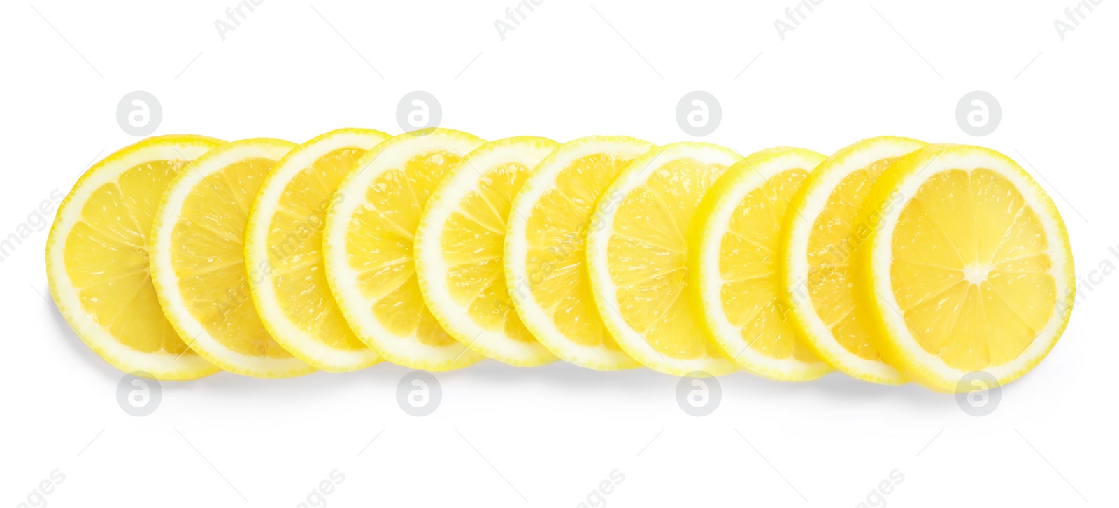 Photo of Fresh juicy lemon slices on white background, top view