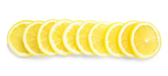 Photo of Fresh juicy lemon slices on white background, top view