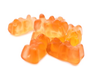 Pile of delicious jelly bears on white background