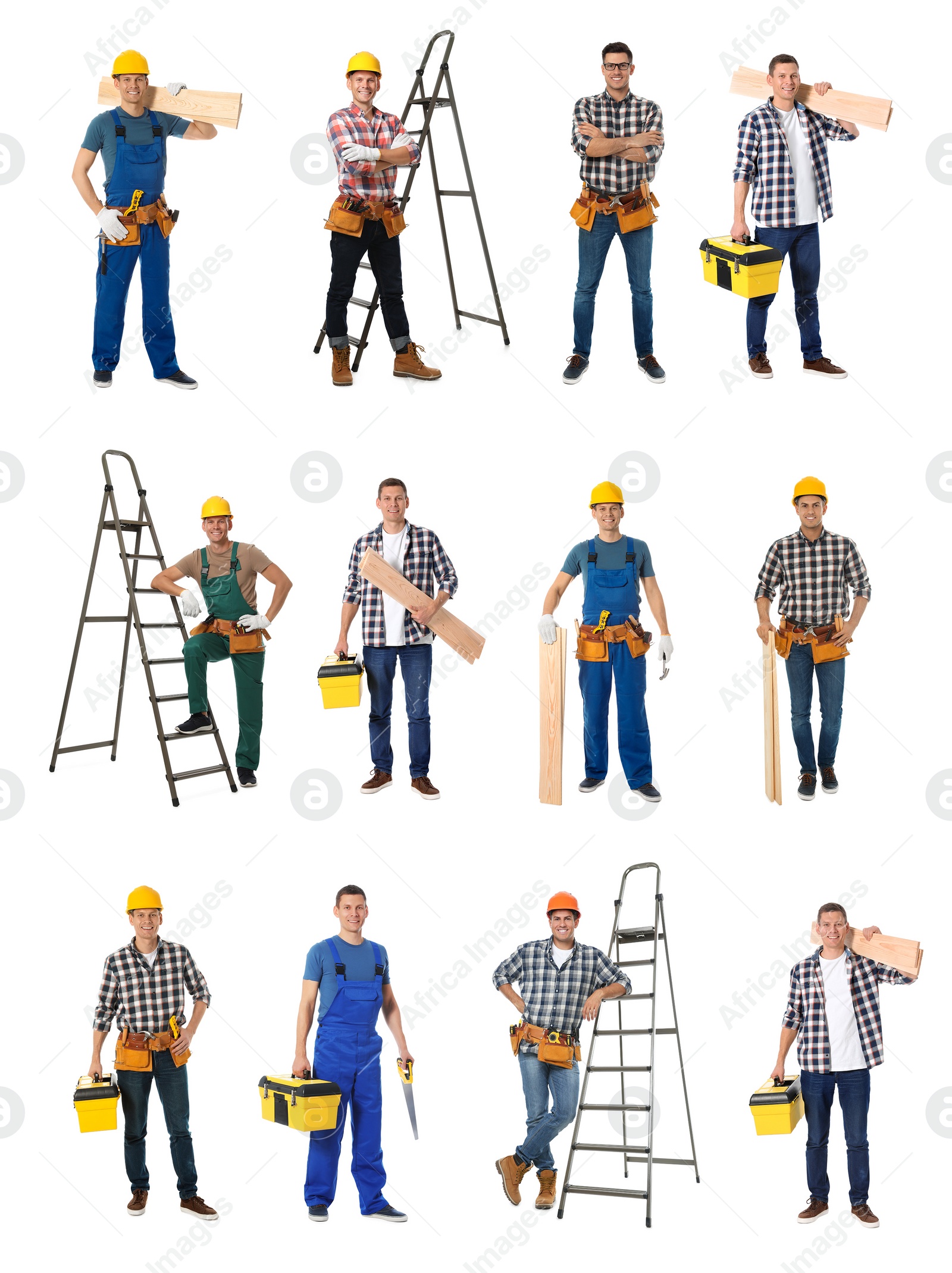 Image of Collage with photos of carpenters on white background