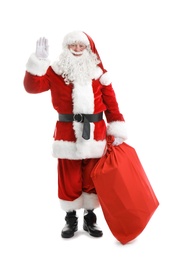 Photo of Authentic Santa Claus with red bag full of gifts on white background