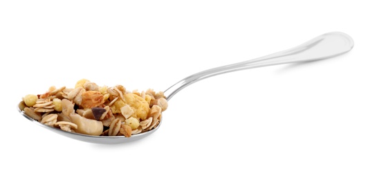 Spoon with fresh muesli on white background