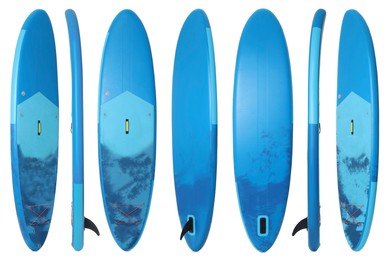 Image of Collage with SUP board with paddle isolated on white, different sides