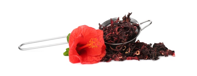 Photo of Dry hibiscus tea and beautiful flower on white background