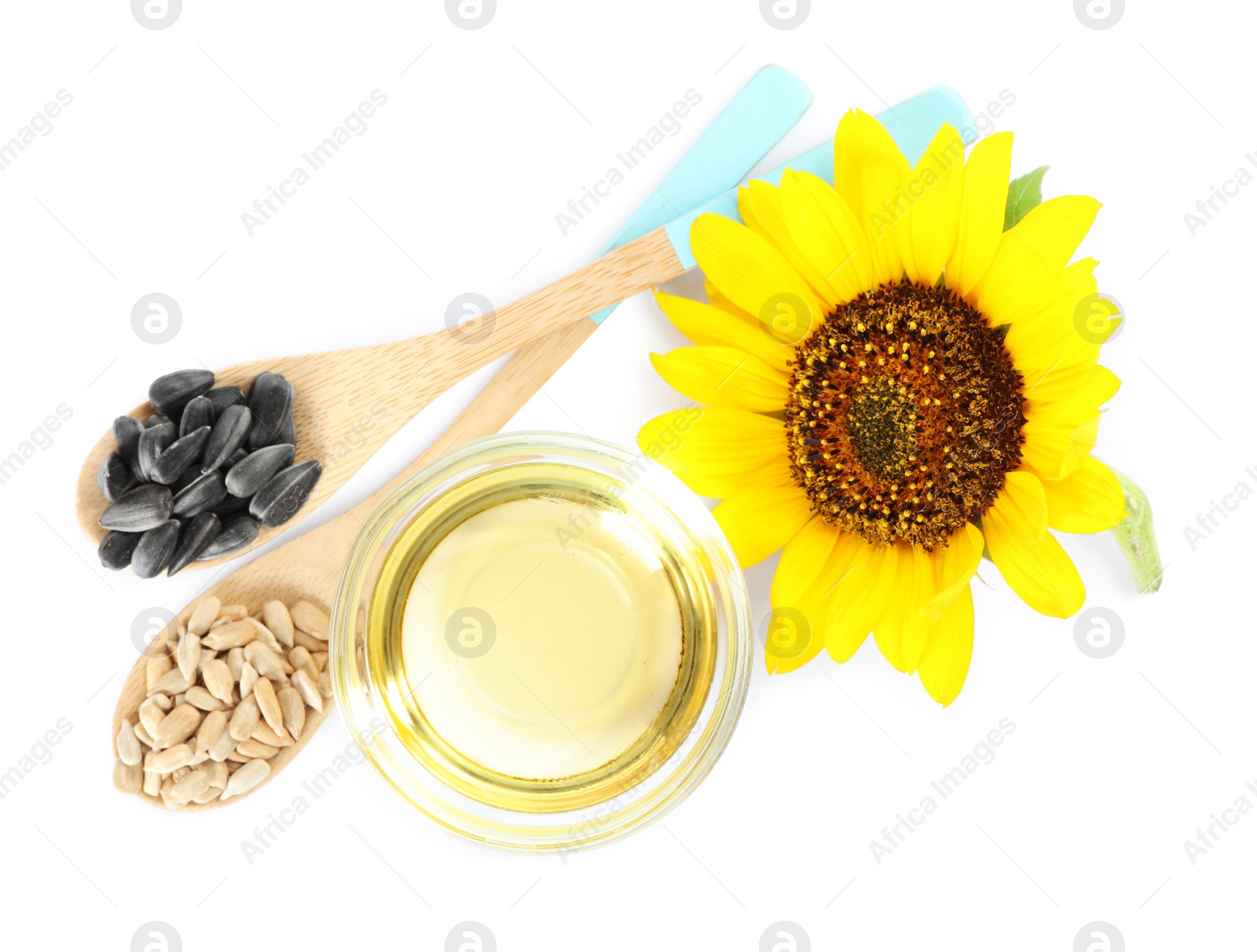 Photo of Sunflower, oil in glass bowl and seeds on white background, top view