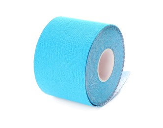 Photo of Light blue kinesio tape in roll on white background