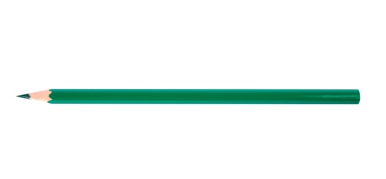 Green wooden pencil on white background, top view. School stationery