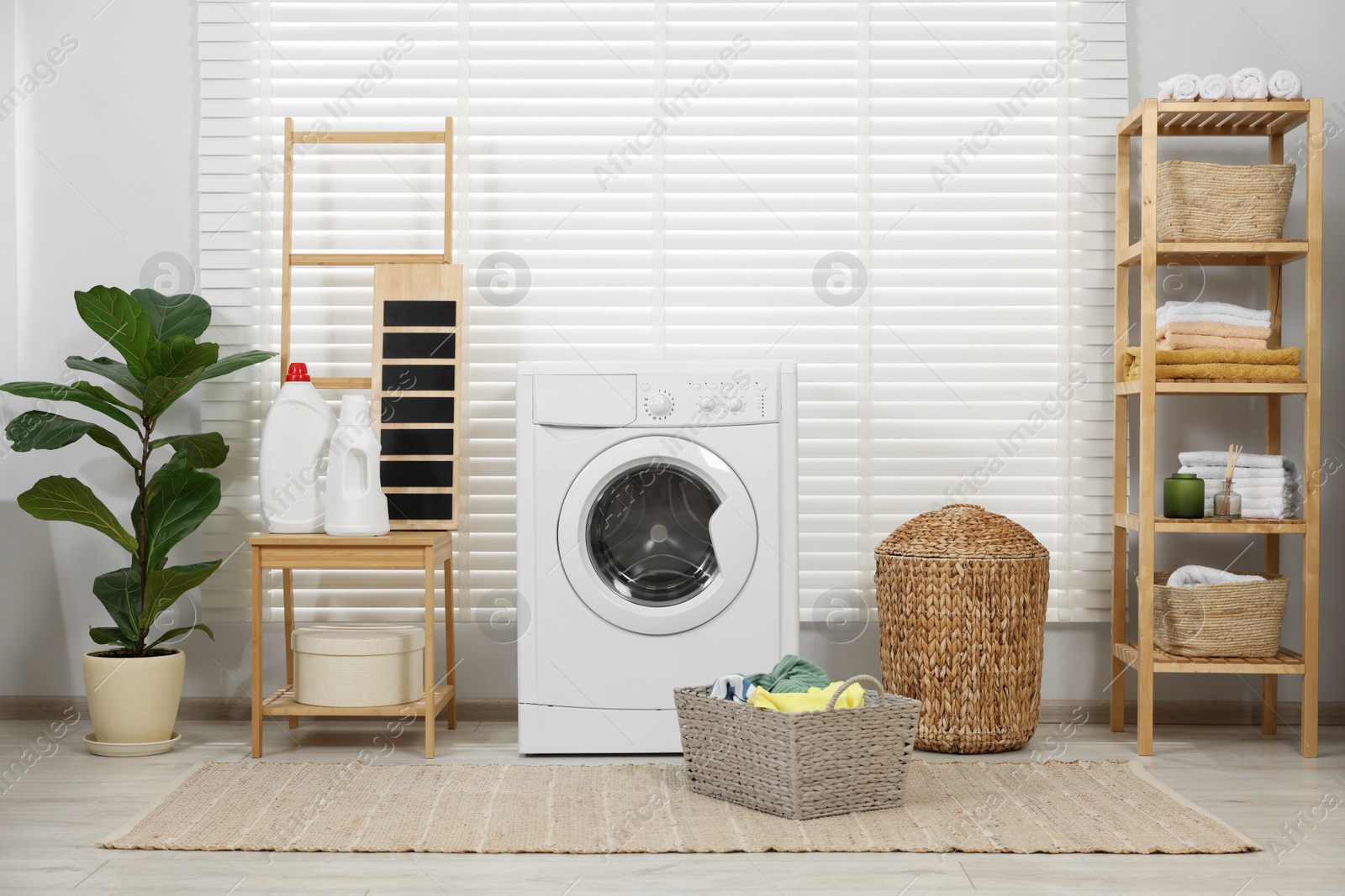 Photo of Laundry room interior with washing machine, baskets and houseplant