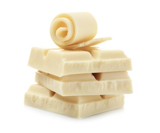 Photo of Yummy chocolate curl and pieces on white background