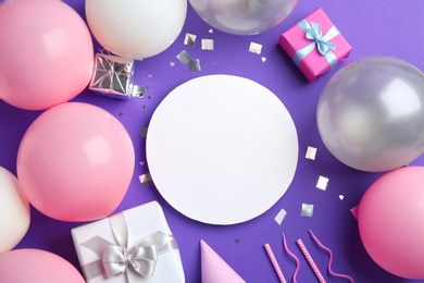 Photo of Flat lay composition with party accessories and space for text on color background