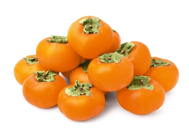 Photo of Whole delicious juicy persimmons on white background