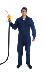 Gas station worker with fuel nozzle on white background