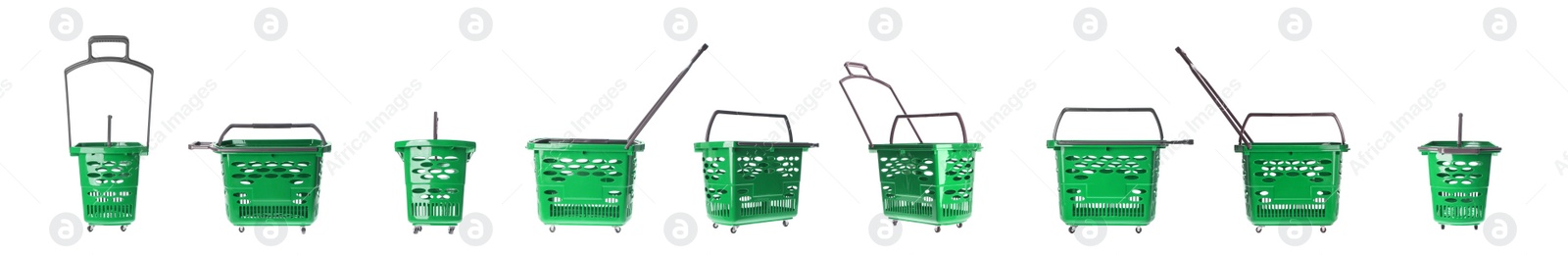 Image of Set of shopping baskets on white background. Banner design