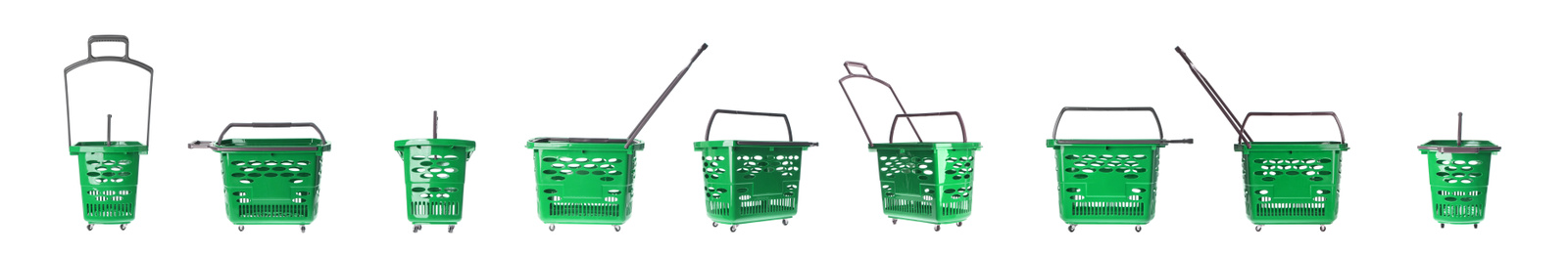 Image of Set of shopping baskets on white background. Banner design