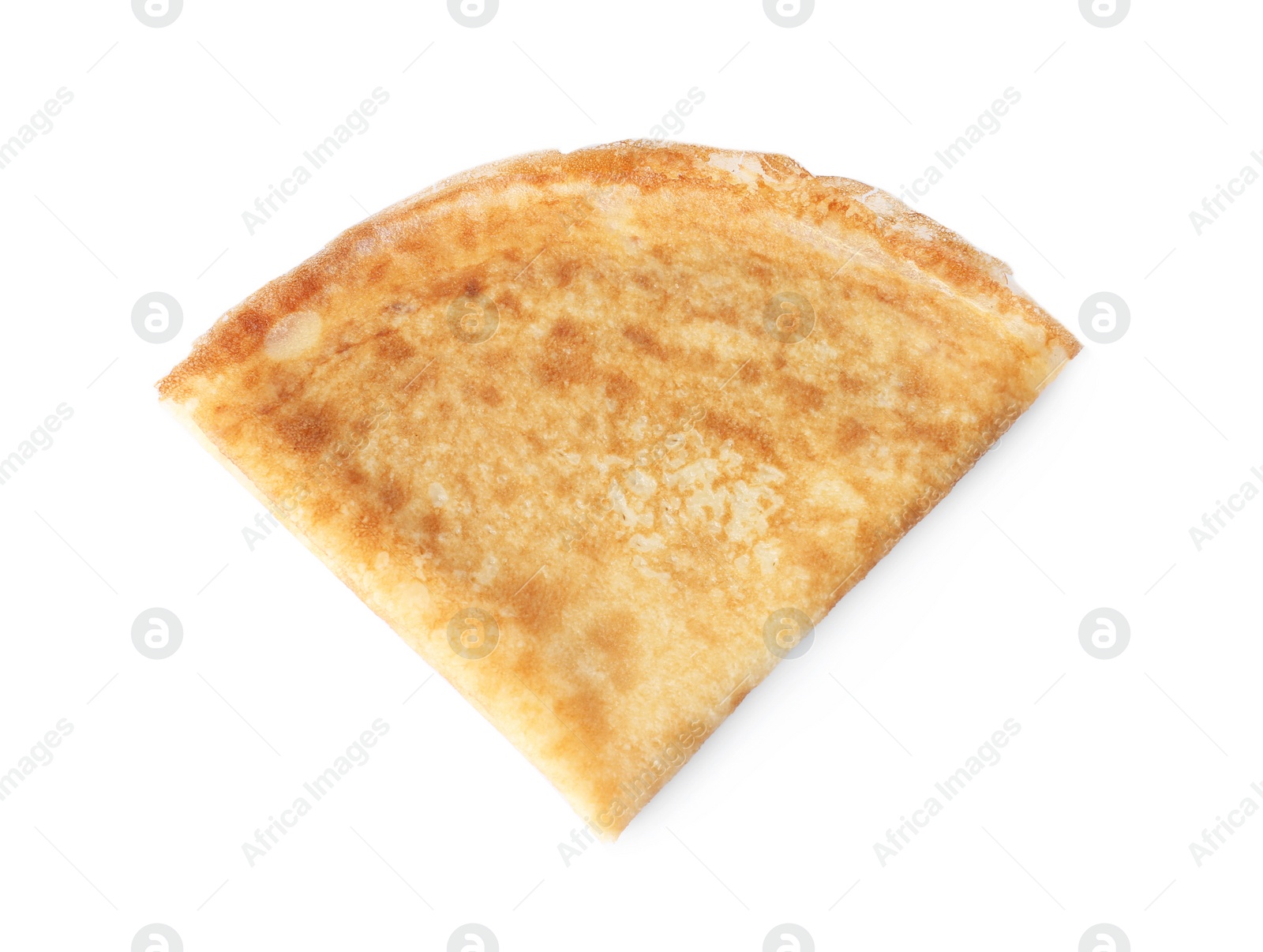 Photo of Tasty thin folded pancake on white background, top view