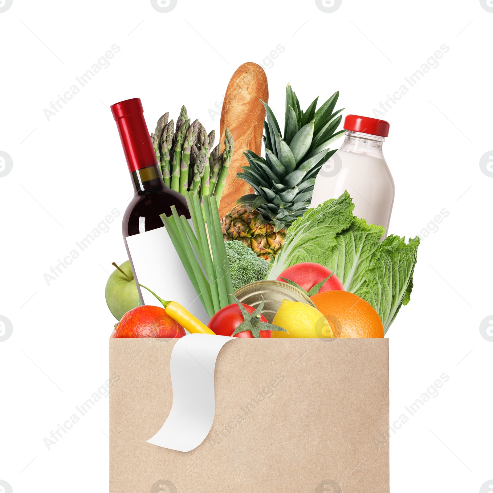 Image of Paper bag with different products and receipt isolated on white