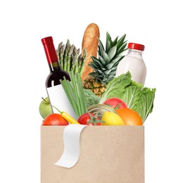 Image of Paper bag with different products and receipt isolated on white