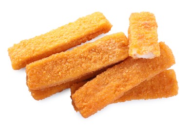 Photo of Tasty fresh fish fingers on white background, top view