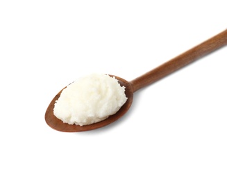 Photo of Shea butter in wooden spoon isolated on white