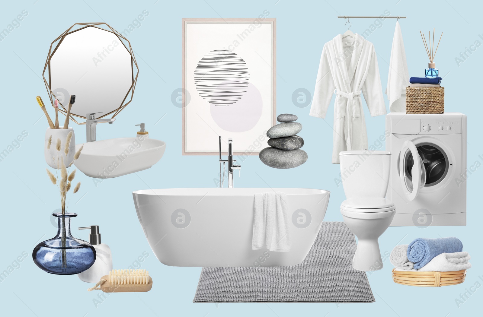 Image of Bathroom interior design. Collage with different combinable items and decorative elements on pale light blue background
