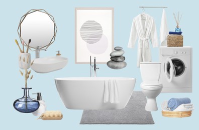 Image of Bathroom interior design. Collage with different combinable items and decorative elements on pale light blue background