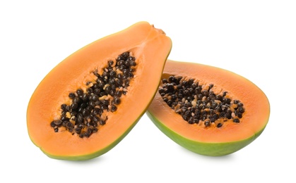 Photo of Fresh halved papaya fruit on white background