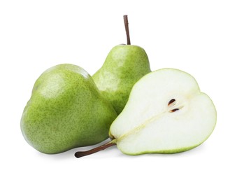 Photo of Whole and cut fresh ripe pears on white background