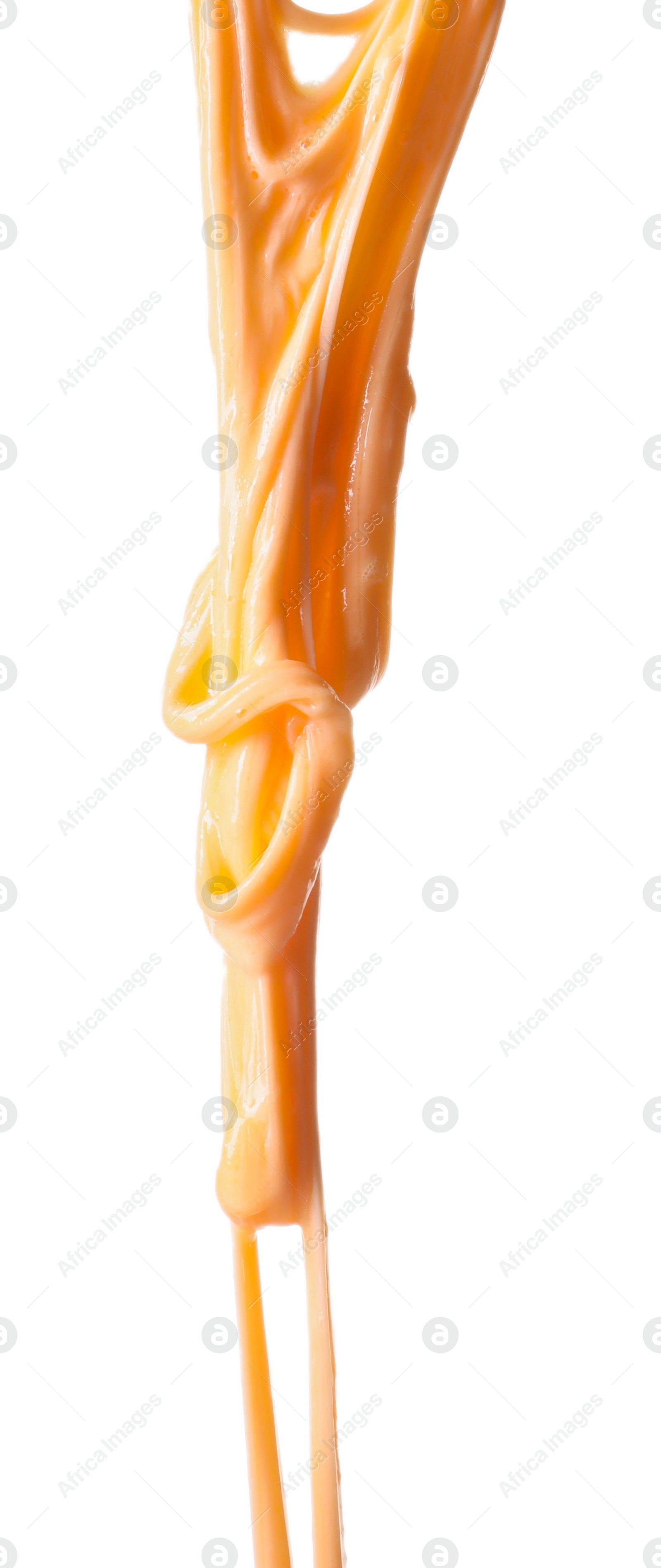 Photo of Stretching delicious melted cheese isolated on white