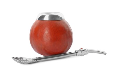 Photo of Calabash with mate tea and bombilla on white background