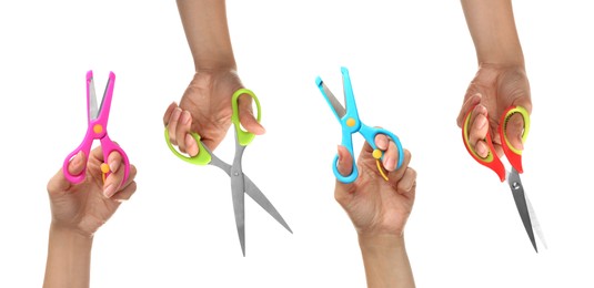 Image of Collage with photos of women holding different scissors on white background, closeup. Banner design