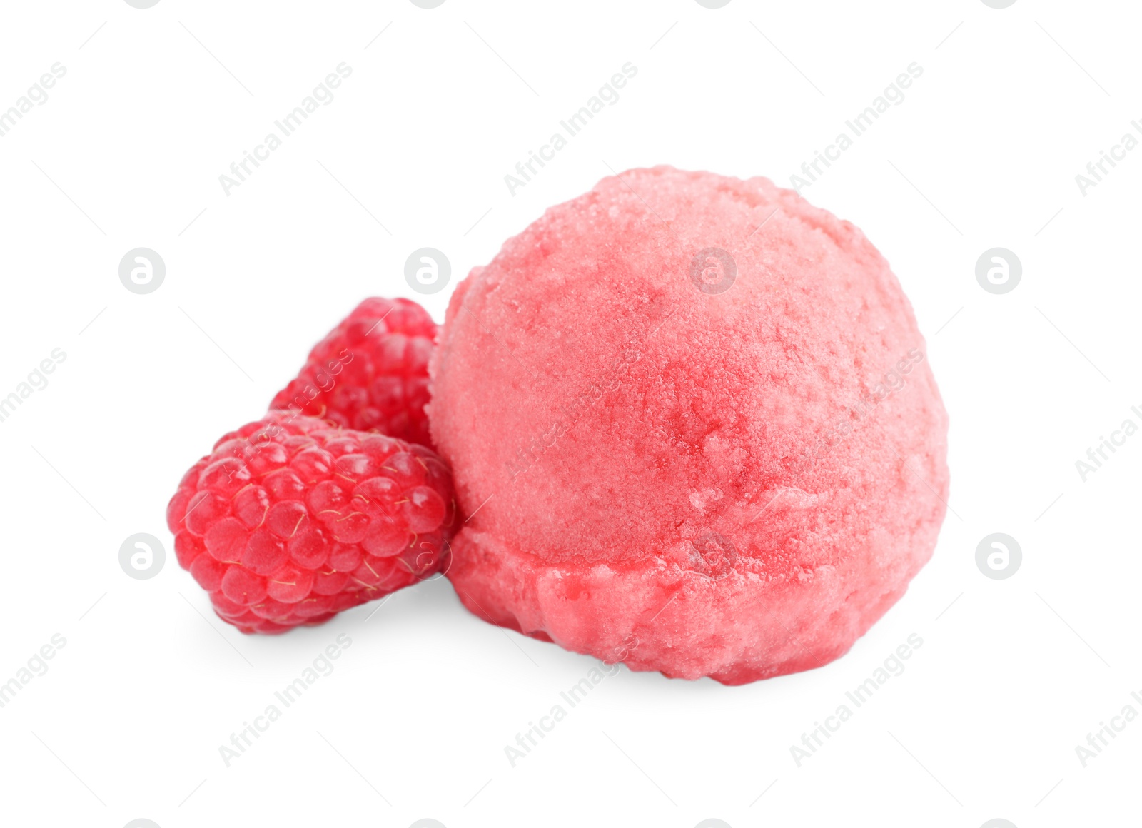 Photo of Scoop of delicious raspberry ice cream and fresh berries on white background