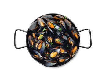 Pan of cooked mussels with parsley isolated on white, top view