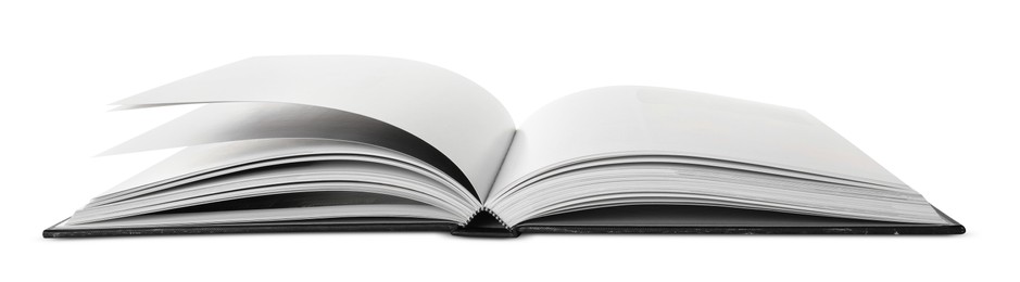 Photo of Open book with hard cover on white background