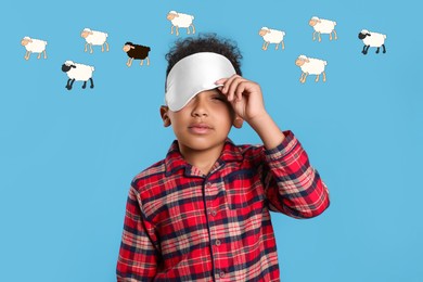 Image of Sleepy boy with blindfold suffering from insomnia on light blue background. Illustrations of sheep above him