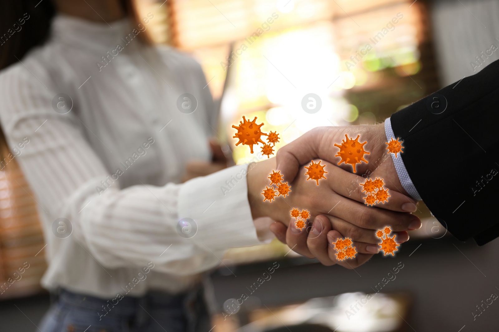 Image of Avoid handshakes during coronavirus outbreak. People greeting indoors, closeup