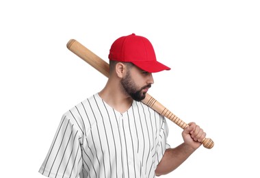 Photo of Man in stylish red baseball cap holding bat on white background