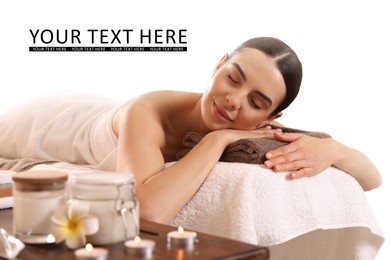Image of Young woman resting on massage couch. Spa salon advertising, space for design