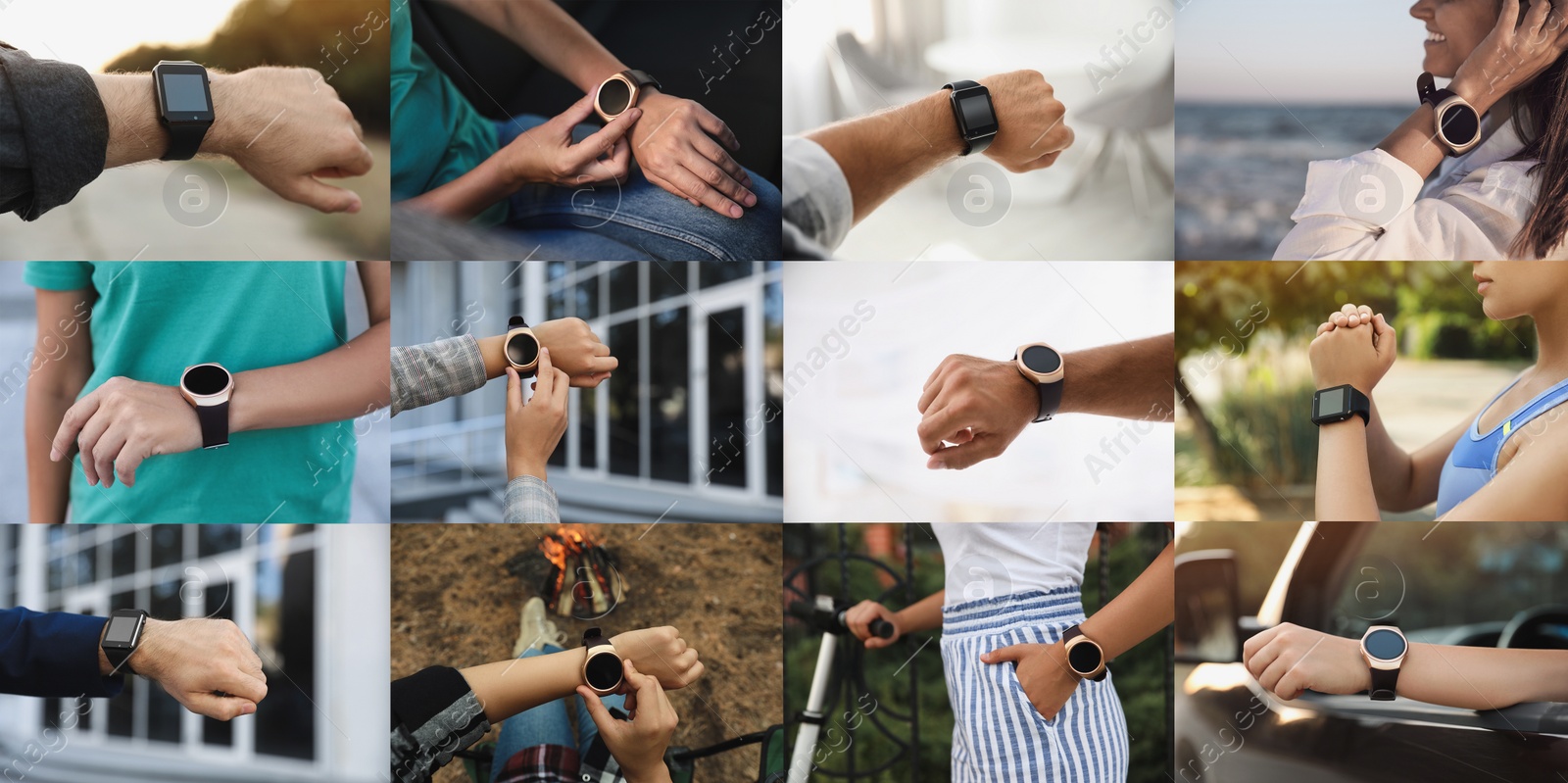 Image of Photos of people using different smart watches, closeup. Collage design 