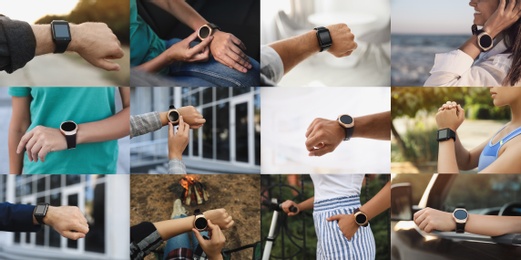 Image of Photos of people using different smart watches, closeup. Collage design 