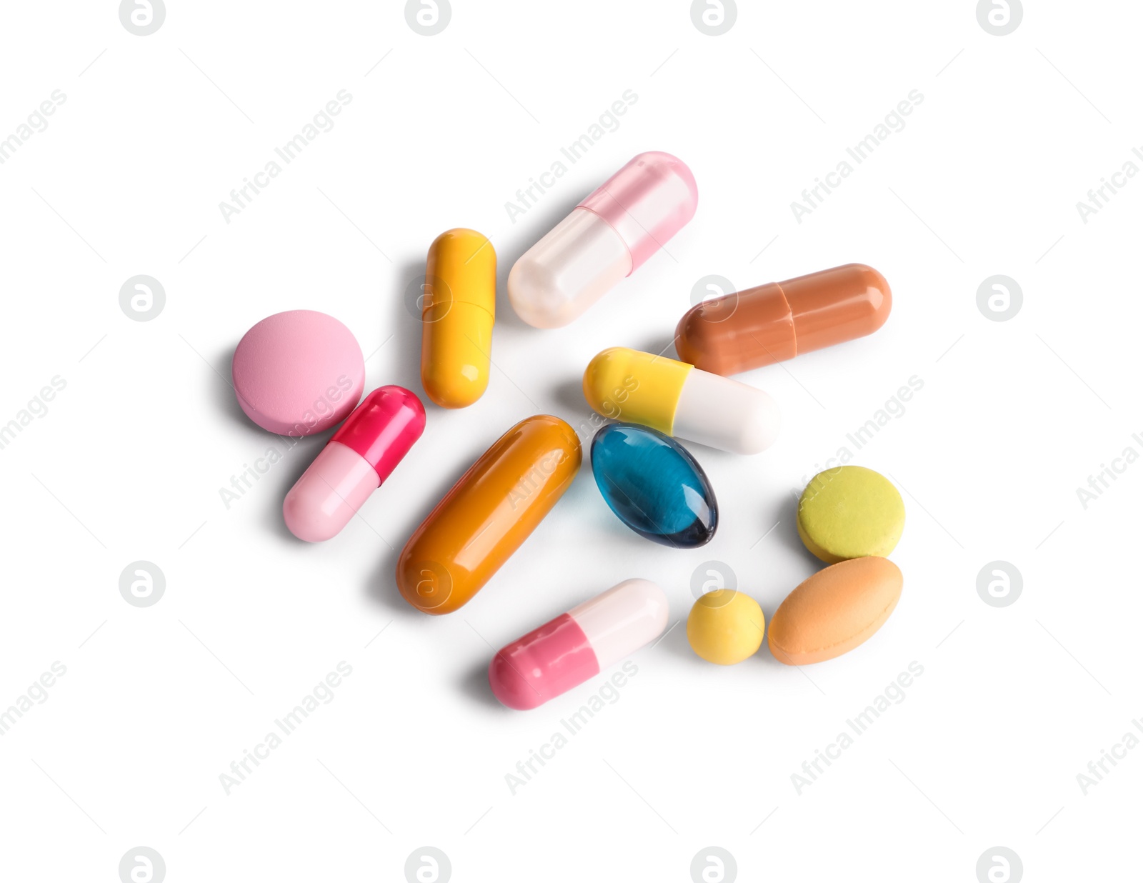 Photo of Many different pills isolated on white, above view