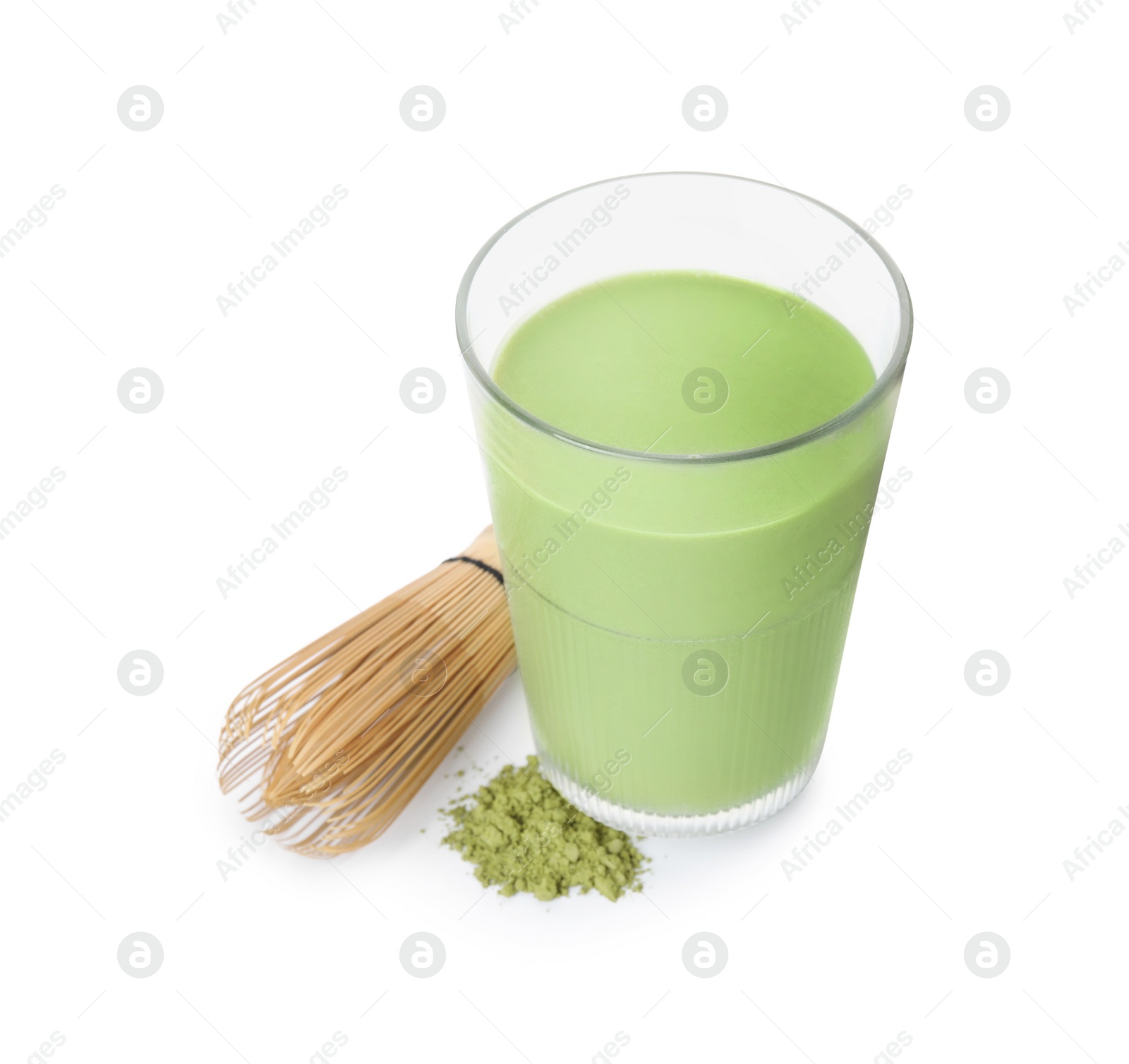 Photo of Glass of tasty matcha smoothie, powder and bamboo whisk isolated on white