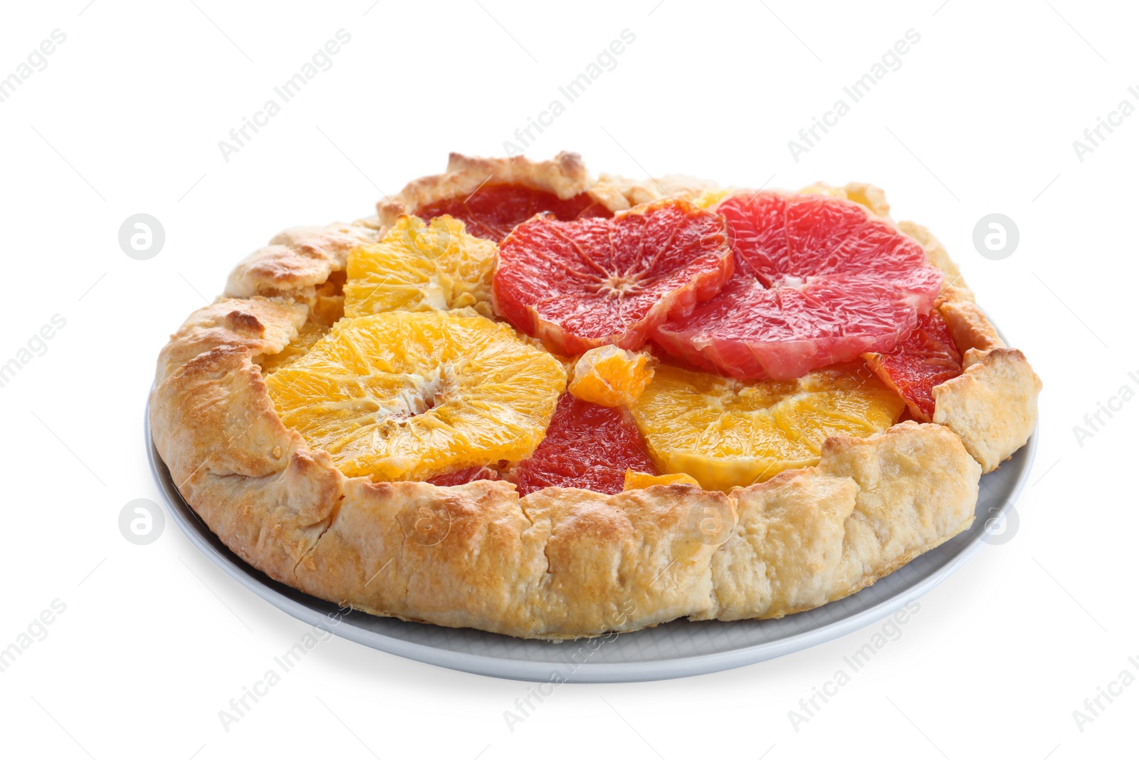 Photo of Delicious galette with citrus fruits isolated on white