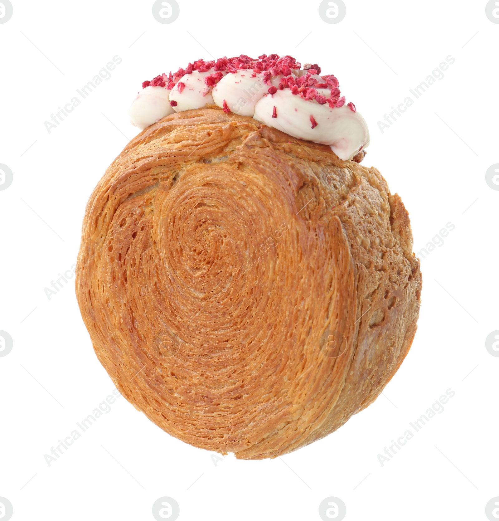 Photo of One supreme croissant with cream on white background. Tasty puff pastry