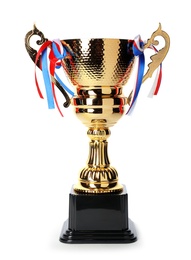 Gold shiny cup on white background. Symbol of victory