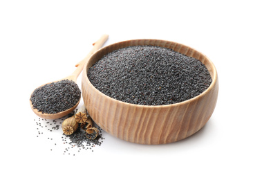 Photo of Bowl and spoon with poppy seeds on white background