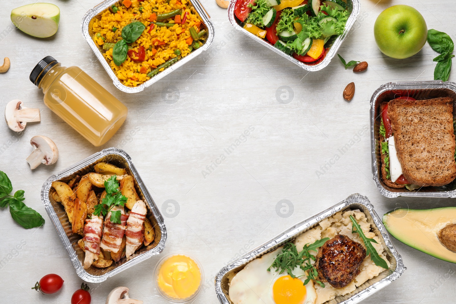 Photo of Frame made of lunchboxes on white wooden table, flat lay with space for text. Healthy food delivery