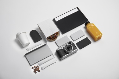 Photo of Composition with items for mock up design on light background. Food delivery service